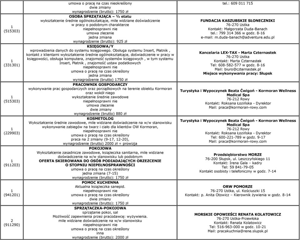 Obsługa systemu Insert, Płatnik, kontakt z klientami wykształcenie średnie ogólnokształcące, doświadczenie w pracy w księgowości, obsługa komputera, znajomość systemów księgowych, w tym systemu