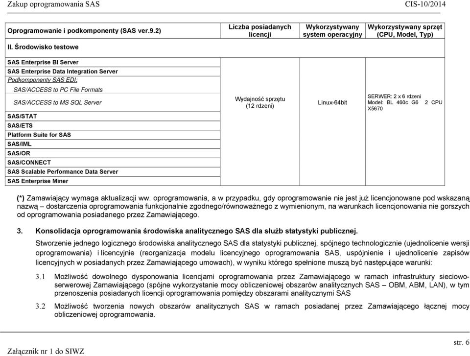 licencjonowania nie gorszych od oprogramowania posiadanego przez Zamawiającego. 3. Konsolidacja oprogramowania środowiska analitycznego SAS dla służb statystyki publicznej.