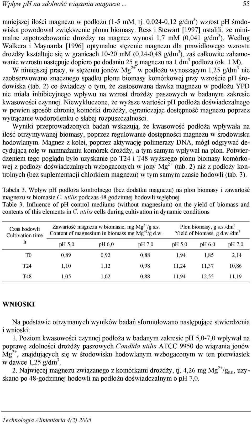 Według Walkera i Maynarda [1996] optymalne stężenie magnezu dla prawidłowego wzrostu drożdży kształtuje się w granicach 10-20 mm (0,24-0,48 g/dm 3 ), zaś całkowite zahamowanie wzrostu następuje