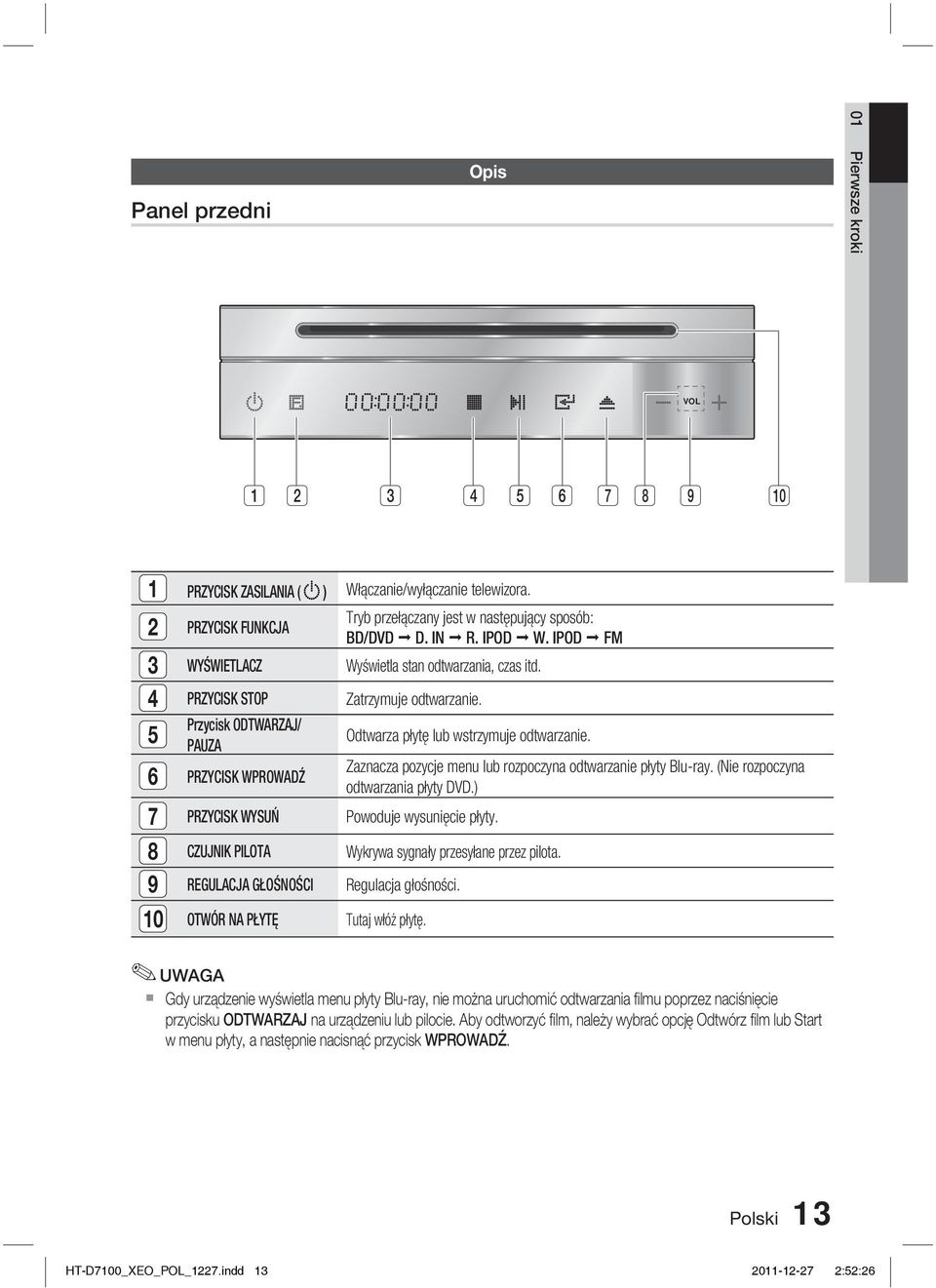 6 PRZYCISK WPROWADŹ Zaznacza pozycje menu lub rozpoczyna odtwarzanie płyty Blu-ray. (Nie rozpoczyna odtwarzania płyty DVD.) 7 PRZYCISK WYSUŃ Powoduje wysunięcie płyty.
