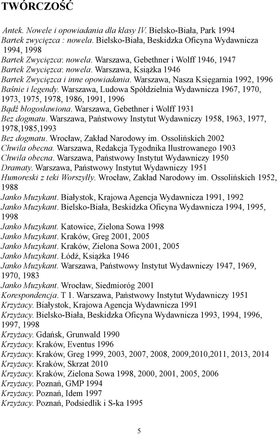 Warszawa, Ludowa Spółdzielnia Wydawnicza 1967, 1970, 1973, 1975, 1978, 1986, 1991, 1996 Bądź błogosławiona. Warszawa, Gebethner i Wolff 1931 Bez dogmatu.