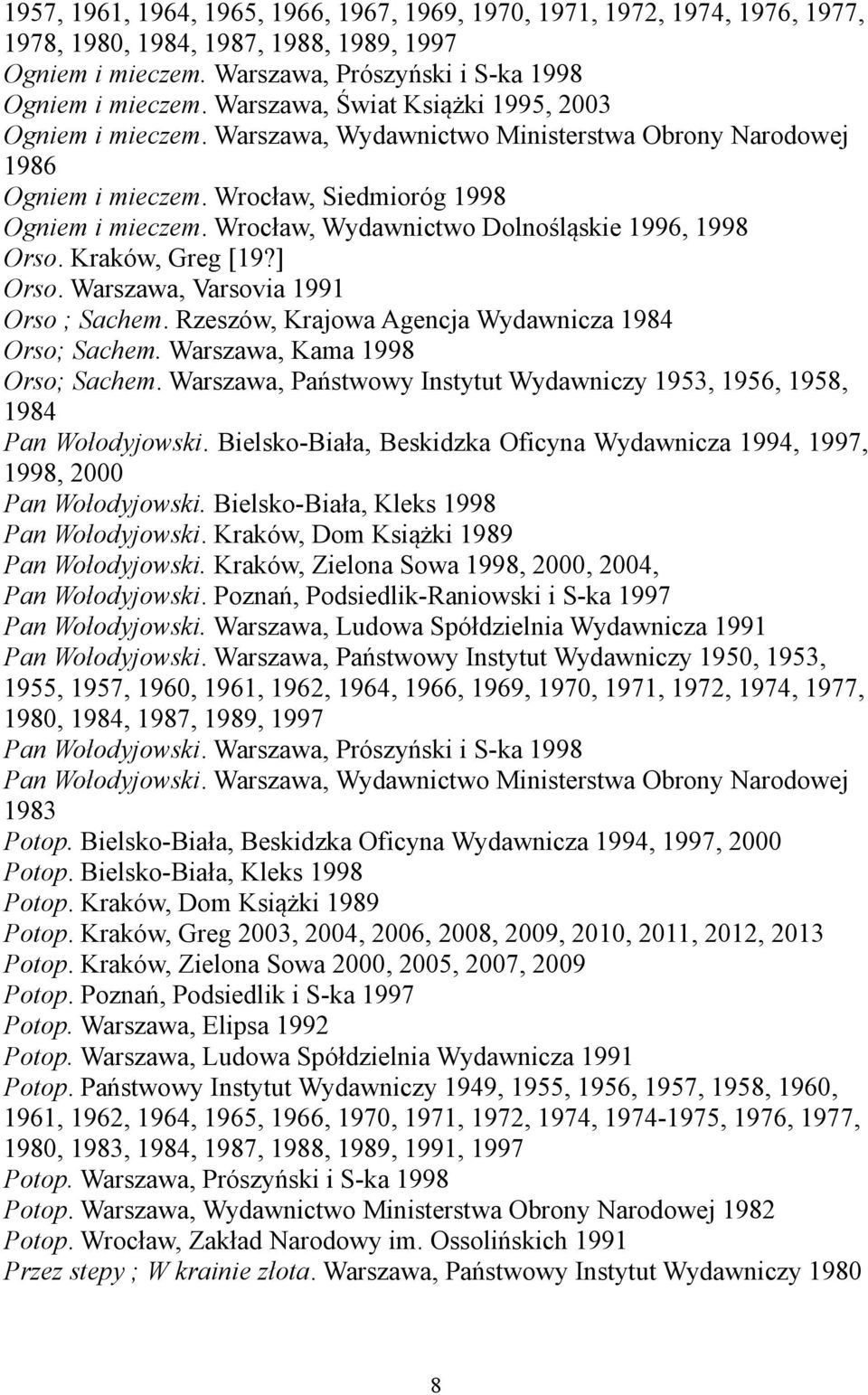 Wrocław, Wydawnictwo Dolnośląskie 1996, 1998 Orso. Kraków, Greg [19?] Orso. Warszawa, Varsovia 1991 Orso ; Sachem. Rzeszów, Krajowa Agencja Wydawnicza 1984 Orso; Sachem.