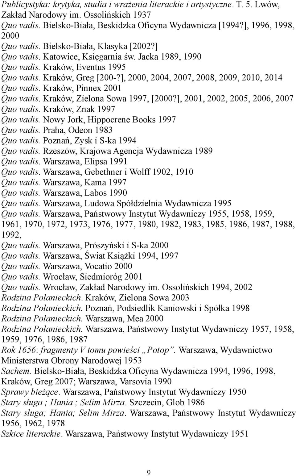 ], 2000, 2004, 2007, 2008, 2009, 2010, 2014 Quo vadis. Kraków, Pinnex 2001 Quo vadis. Kraków, Zielona Sowa 1997, [2000?], 2001, 2002, 2005, 2006, 2007 Quo vadis. Kraków, Znak 1997 Quo vadis.