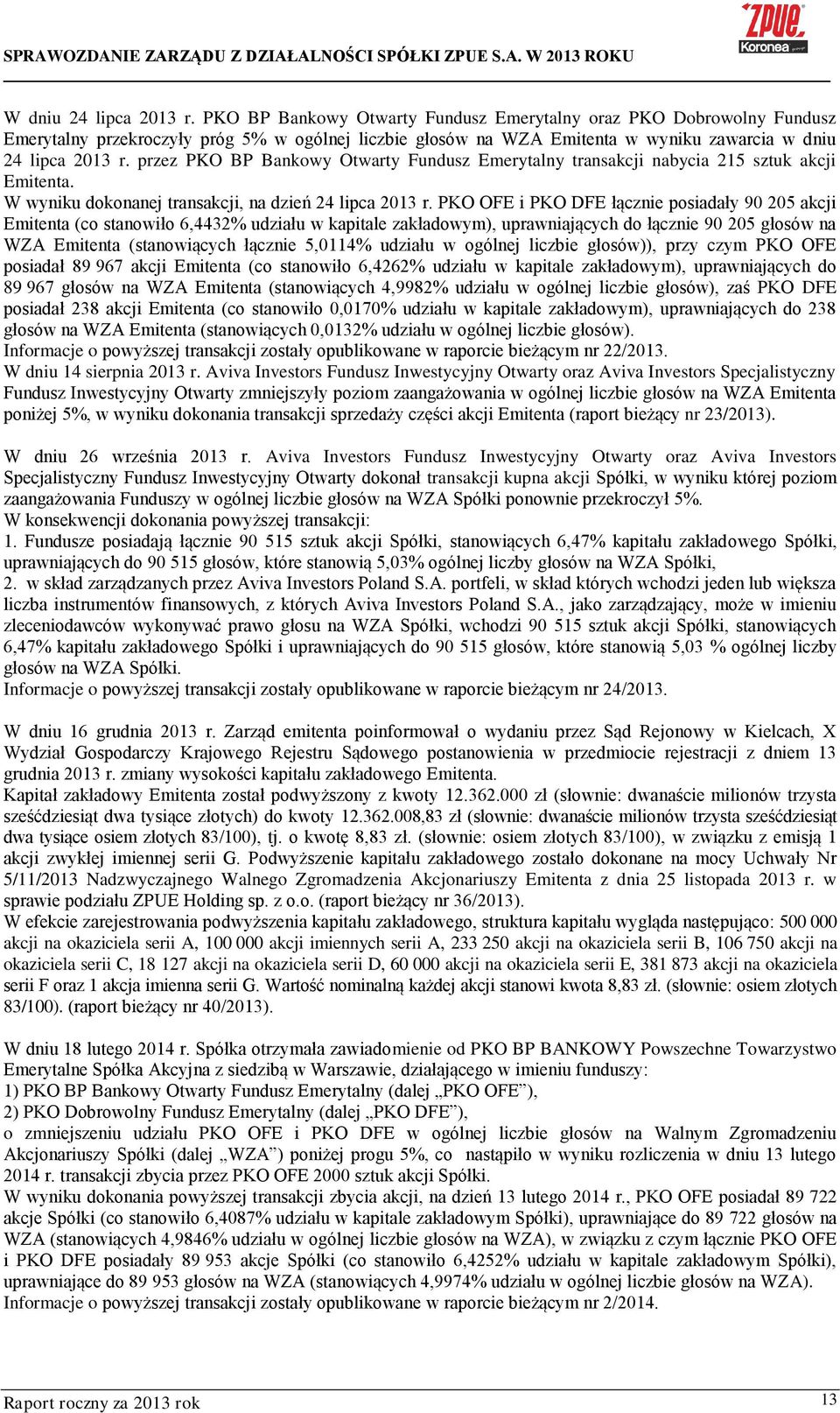 przez PKO BP Bankowy Otwarty Fundusz Emerytalny transakcji nabycia 215 sztuk akcji Emitenta. W wyniku dokonanej transakcji, na dzień 24 lipca 2013 r.