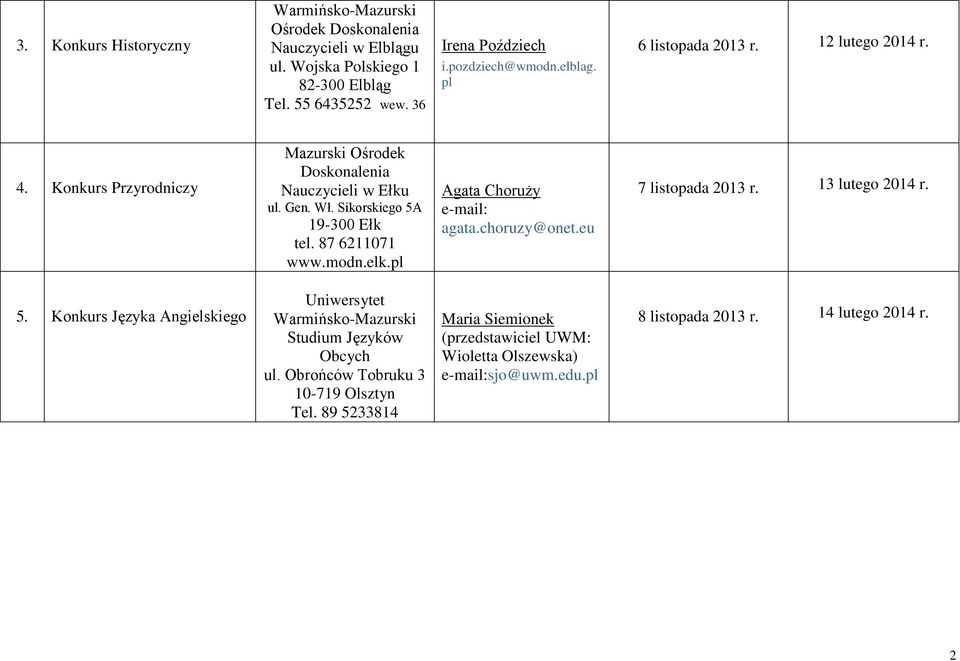 pl Agata Choruży e-mail: agata.choruzy@onet.eu 7 listopada 2013 r. 13 lutego 2014 r. 5. Konkurs Języka Angielskiego Uniwersytet Studium Języków Obcych ul.