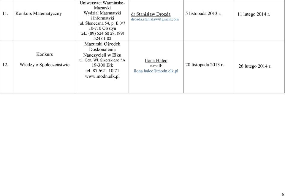 E 0/7 10-710 Olsztyn tel.: (89) 524 60 28, (89) 524 61 02 Mazurski Ośrodek Doskonalenia Nauczycieli w Ełku ul. Gen. Wł.