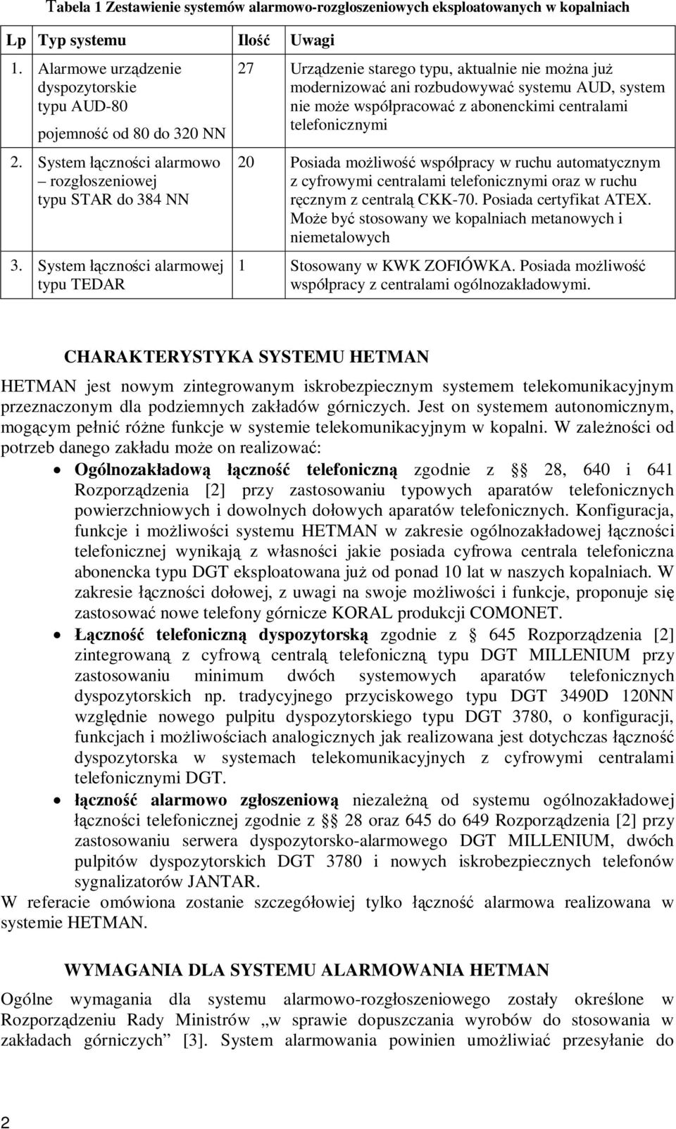 System czno ci alarmowej typu TEDAR 27 Urz dzenie starego typu, aktualnie nie mo na ju modernizowa ani rozbudowywa systemu AUD, system nie mo e wspó pracowa z abonenckimi centralami telefonicznymi 20
