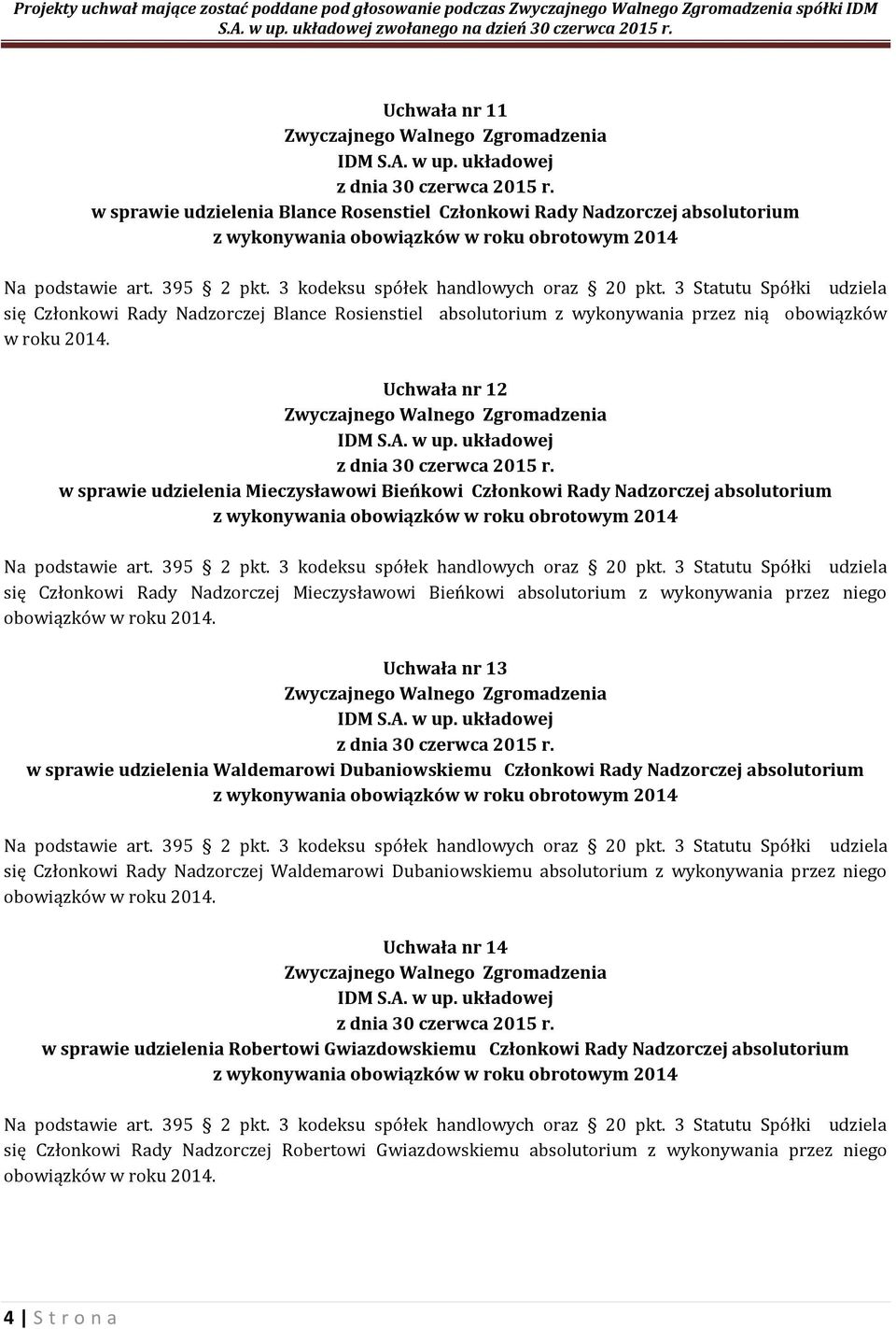 Mieczysławowi Bieńkowi absolutorium z wykonywania przez niego Uchwała nr 13 w sprawie udzielenia Waldemarowi Dubaniowskiemu Członkowi Rady Nadzorczej absolutorium się Członkowi Rady Nadzorczej