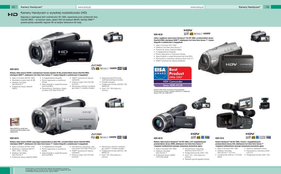 HDR-HC3E Lekka i wyjątkowo mała kamera Handycam Full HD 1080i z przetwornikiem obrazu ClearVid CMOS, interfejsem HDMI, obiektywem Carl Zeiss i trybem fotografii o rozdzielczości 4 megapikseli.