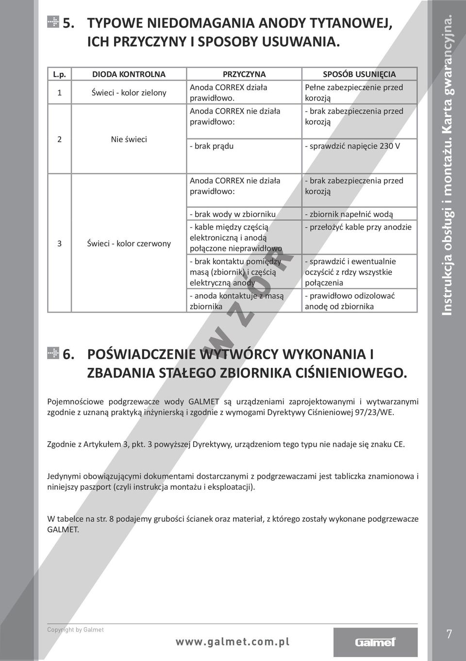 Anoda CORREX nie działa prawidłowo: Pełne zabezpieczenie przed korozją - brak zabezpieczenia przed korozją - brak prądu - sprawdzić napięcie 230 V Anoda CORREX nie działa prawidłowo: - brak