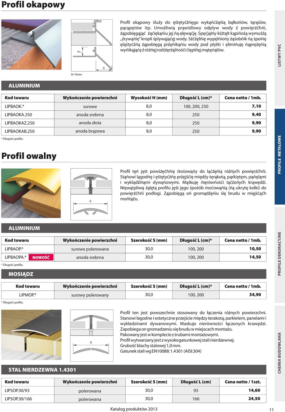 * 30,0 100, 200 14,50 MOI DZ Kod towaru Wykoñczenie powierzchni zerokoœæ (mm) D³ugoœæ L (cm)* Cena netto / 1mb. LIPMOP.* surowy polerowany 30,0 100, 200 34,90 TAL NIERDZEWNA 1.