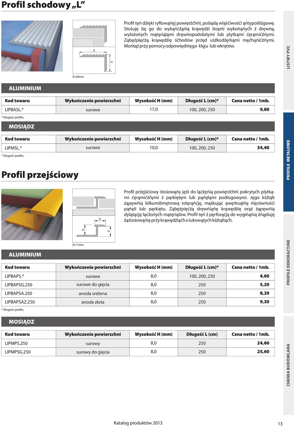 * surowe 100, 200, 34,40 Profil przejœciowy Kod towaru Wykoñczenie powierzchni Wysokoœæ (mm) D³ugoœæ L (cm)* Cena netto / 1mb. LIPBAP.* surowe 100, 200, 4,60 LIPBAPG. surowe do giêcia 5,20 LIPBAPA.