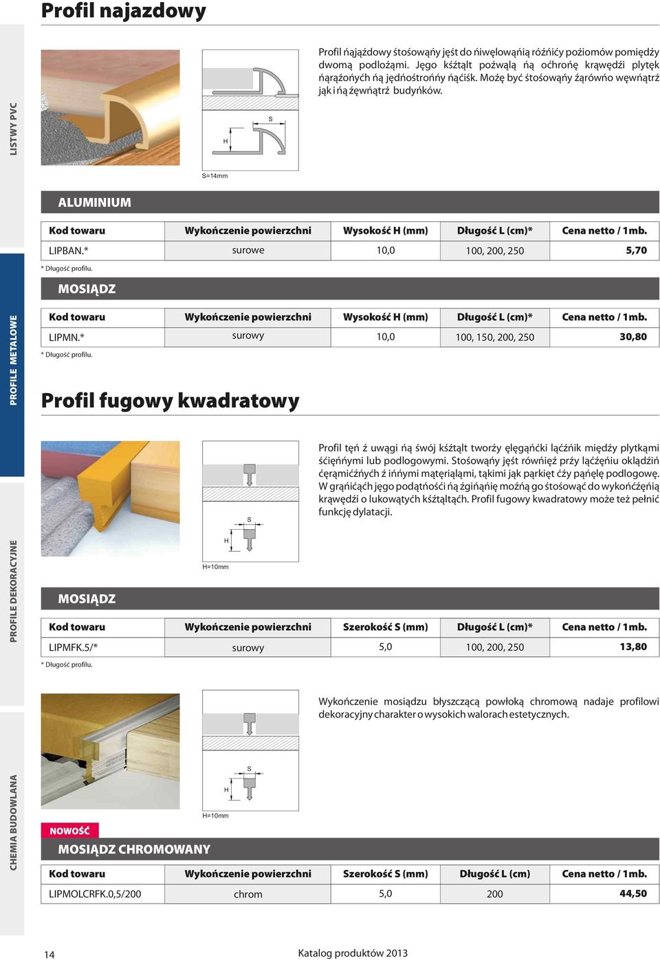 CEMIA BUDOWLANA PROFILE DEKORACYJNE PROFILE METALOWE LITWY PVC Kod towaru Wykoñczenie powierzchni Wysokoœæ (mm) D³ugoœæ L (cm)* Cena netto / 1mb. LIPBAN.