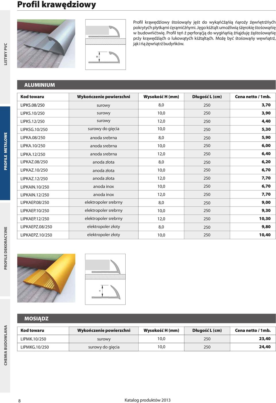 10/ MOI DZ Kod towaru Wykoñczenie powierzchni Wysokoœæ (mm) D³ugoœæ L (cm) Cena netto / 1mb. LIPMK.10/ LIPMKG.
