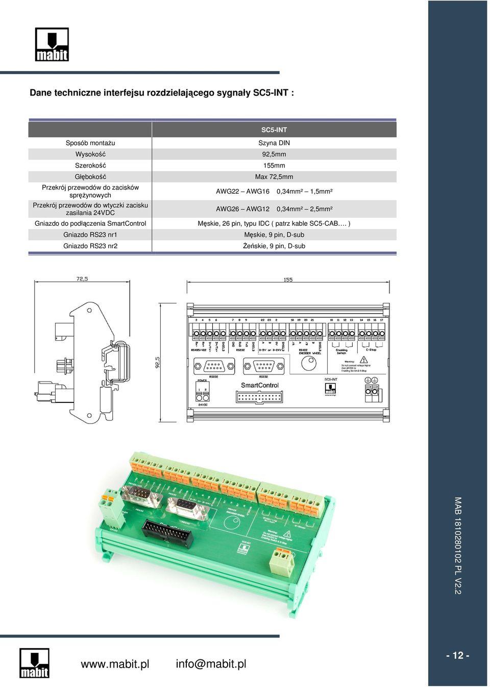 SC5-INT Szyna DIN 92,5mm 155mm Max 72,5mm 0,34mm² 1,5mm² 0,34mm² 2,5mm² Gniazdo do podłączenia SmartControl Męskie,