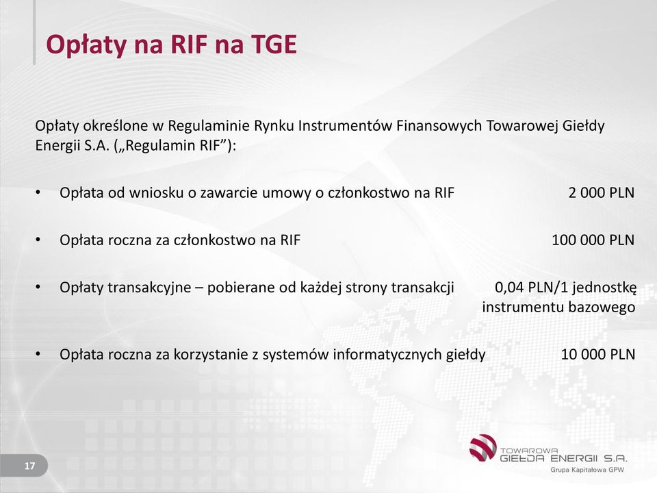 ( Regulamin RIF ): Opłata od wniosku o zawarcie umowy o członkostwo na RIF 2 000 PLN Opłata roczna za