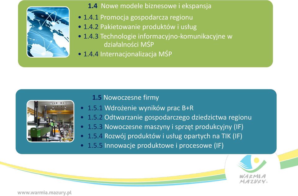 5.3 Nowoczesne maszyny i sprzęt produkcyjny (IF) 1.5.4 Rozwój produktów i usług opartych na TIK (IF) 1.5.5 Innowacje produktowe i procesowe (IF)