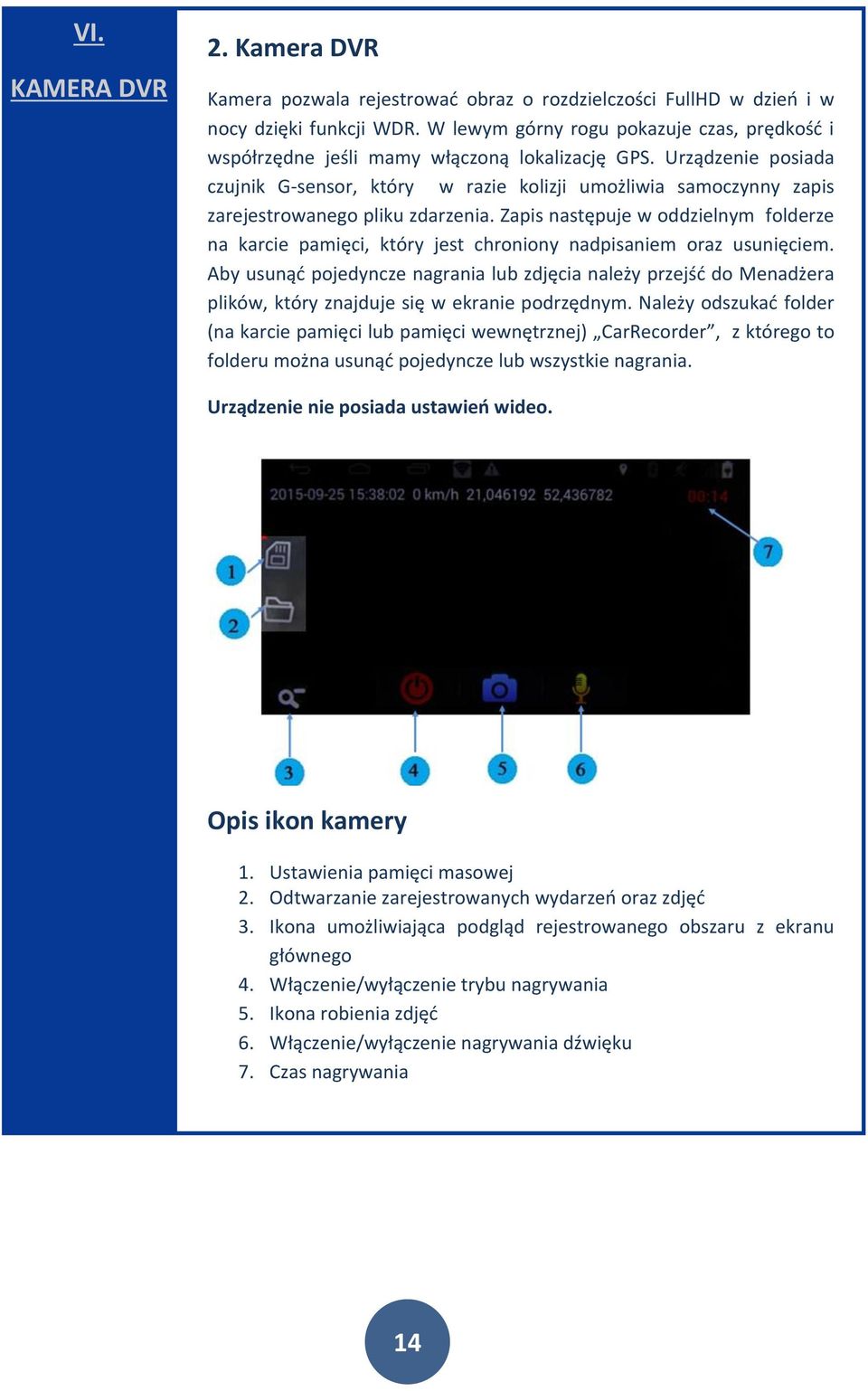 Urządzenie posiada czujnik G-sensor, który w razie kolizji umożliwia samoczynny zapis zarejestrowanego pliku zdarzenia.