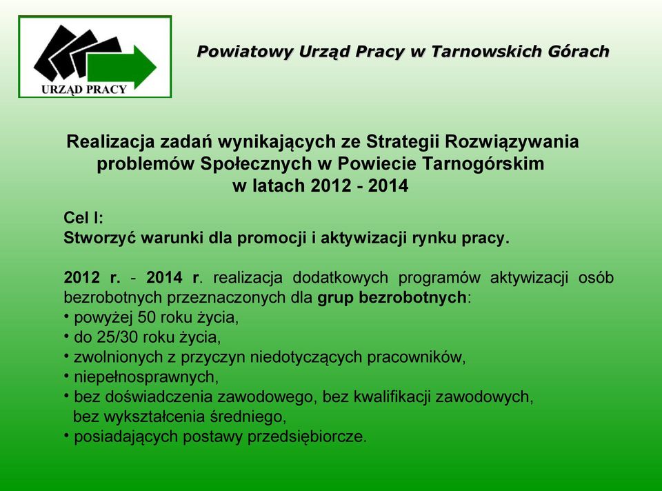 realizacja dodatkowych programów aktywizacji osób bezrobotnych przeznaczonych dla grup bezrobotnych: powyżej 50 roku życia, do 25/30