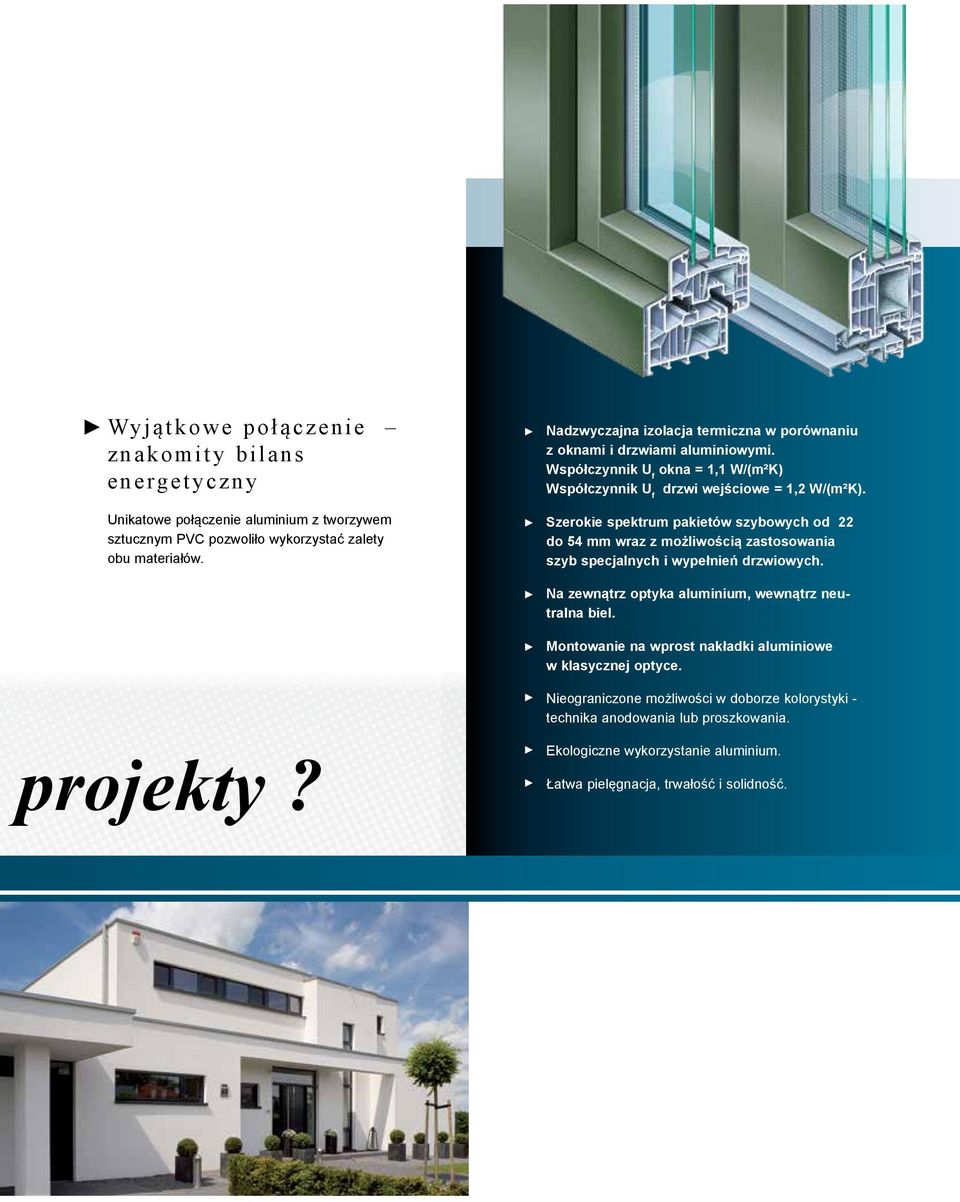 Szerokie spektrum pakietów szybowych od 22 do 54 mm wraz z możliwością zastosowania szyb specjalnych i wypełnień drzwiowych. Na zewnątrz optyka aluminium, wewnątrz neutralna biel.