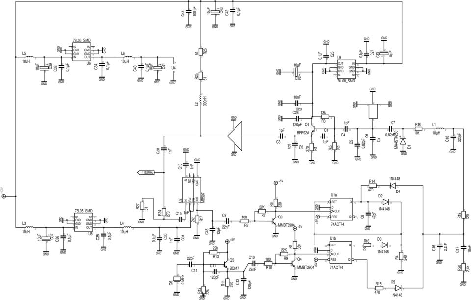 MB507 U2 MC NC SW Vcc 9 MHz Q6 22pF C14 120pF C12 120pF C11 22k R13 22k R12 270 R11 Q5 BC847 22nF C10 22nF C9 100 R10 22K R9 100 R8 22K R7 330 R6 330 R5 +5V +5V 240 R4 47pF C8 1N4148 D3