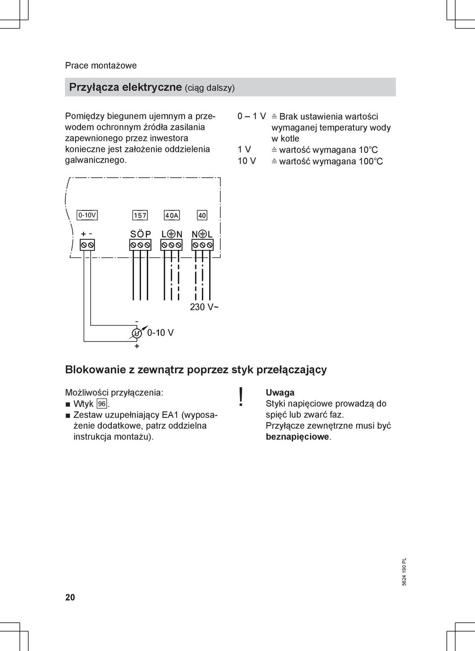 0 1 V Brak ustawienia wartości wymaganej temperatury wody w kotle 1 V wartość wymagana 10 10 V wartość wymagana 100 [{{] abj 0-10V f-]a fö + - SÖ P L?N N?