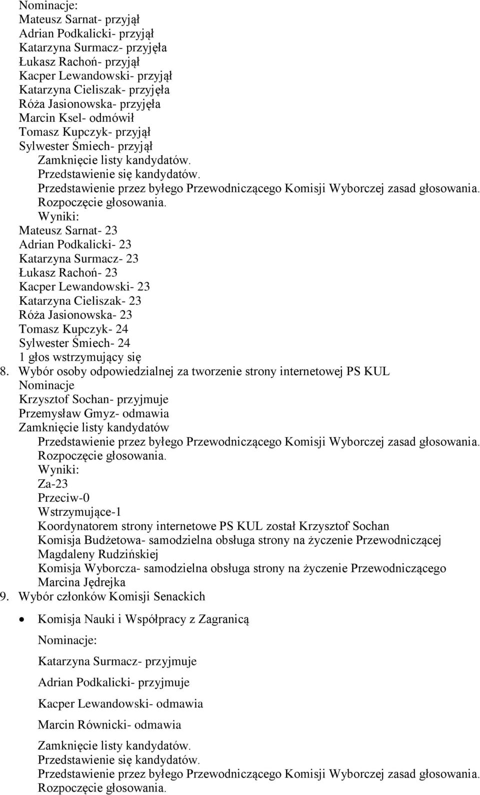 Jasionowska- 23 Tomasz Kupczyk- 24 Sylwester Śmiech- 24 1 głos wstrzymujący się 8.