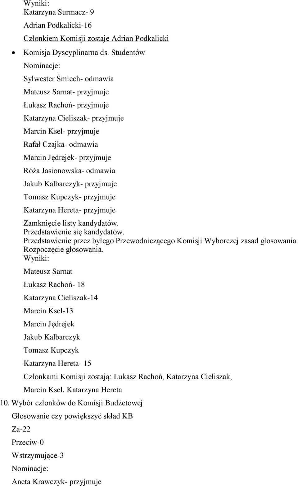 Róża Jasionowska- odmawia Jakub Kalbarczyk- przyjmuje Tomasz Kupczyk- przyjmuje Katarzyna Hereta- przyjmuje Mateusz Sarnat Łukasz Rachoń- 18 Katarzyna Cieliszak-14 Marcin Ksel-13 Marcin