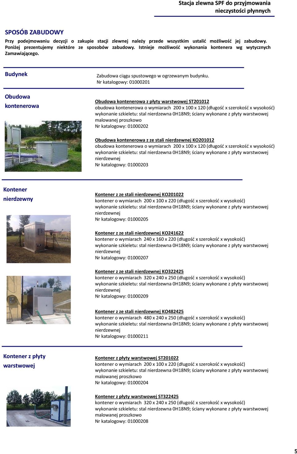 Nr katalogowy: 01000201 Obudowa kontenerowa z płyty warstwowej ST201012 obudowa kontenerowa o wymiarach 200 x 100 x 120 (długość x szerokość x wysokość) malowanej proszkowo Nr katalogowy: 01000202