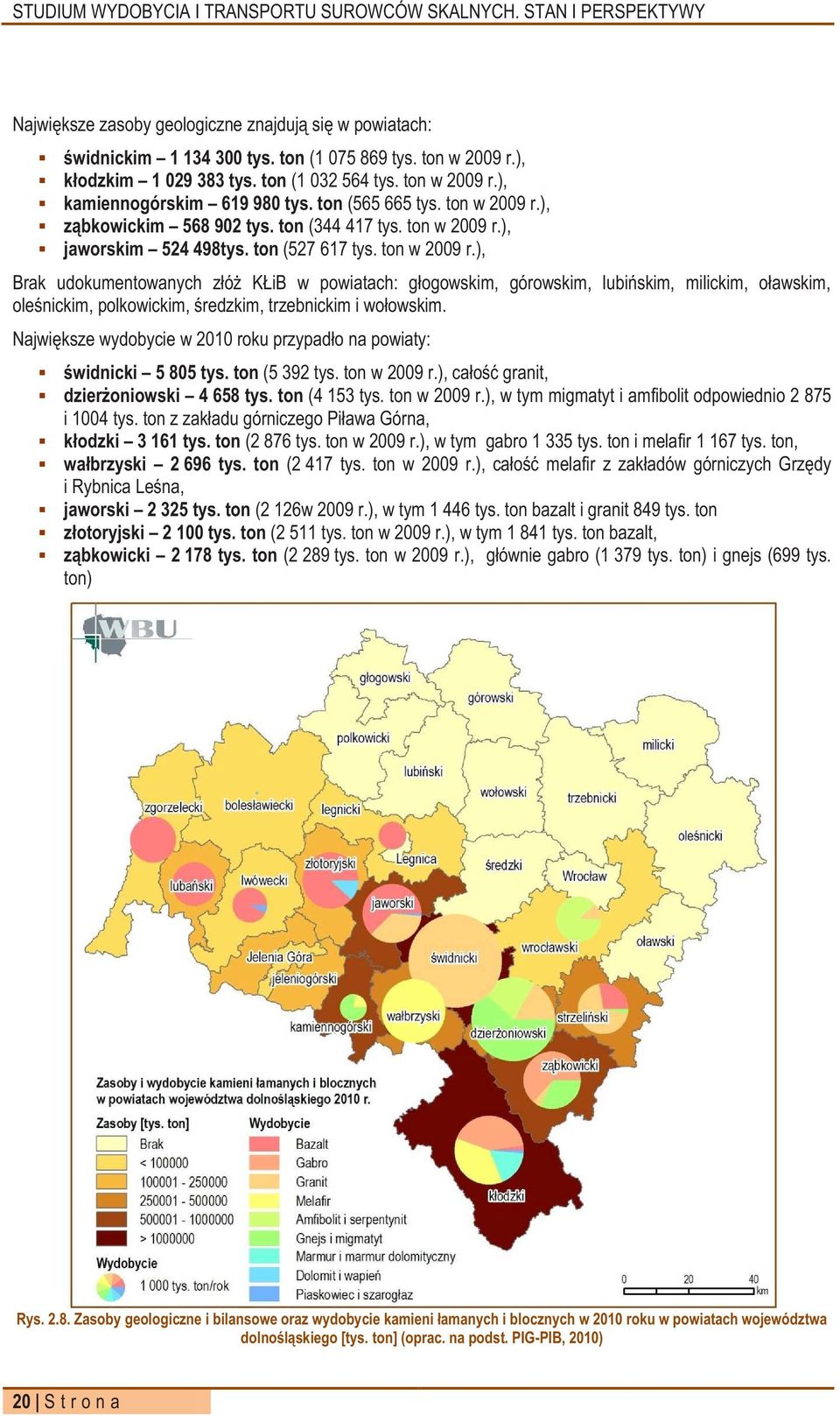 Największe wydobycie w 2010 roku przypadło na powiaty: świdnicki 5 805 tys. ton (5 392 tys. ton w 2009 r.), całość granit, dzierżoniowski 4 658 tys. ton (4 153 tys. ton w 2009 r.), w tym migmatyt i amfibolit odpowiednio 2 875 i 1004 tys.