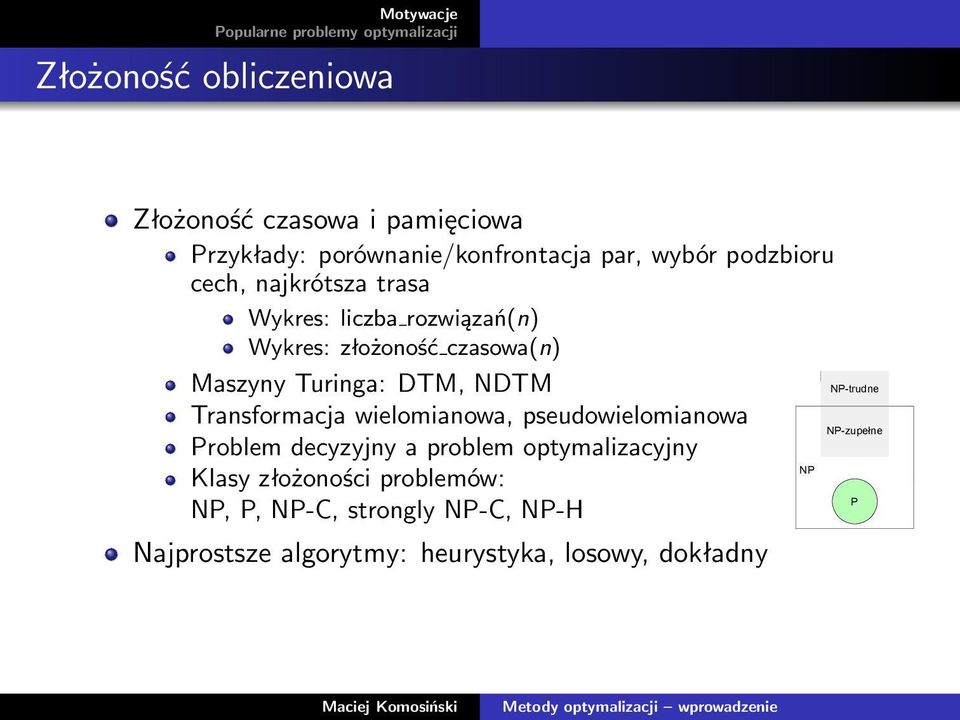 Transformacja wielomianowa, pseudowielomianowa Problem decyzyjny a problem optymalizacyjny NP Klasy złożoności