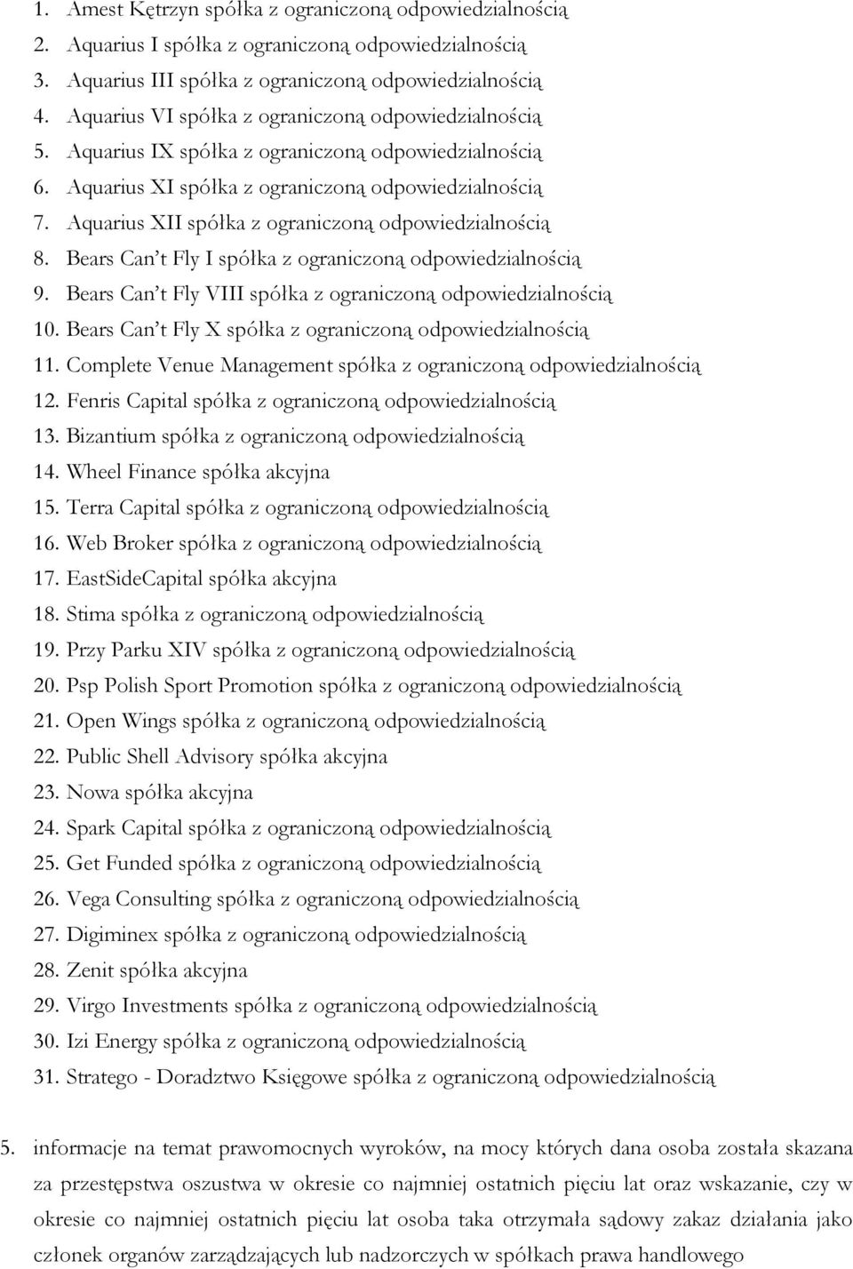 Aquarius XII spółka z ograniczoną odpowiedzialnością 8. Bears Can t Fly I spółka z ograniczoną odpowiedzialnością 9. Bears Can t Fly VIII spółka z ograniczoną odpowiedzialnością 10.