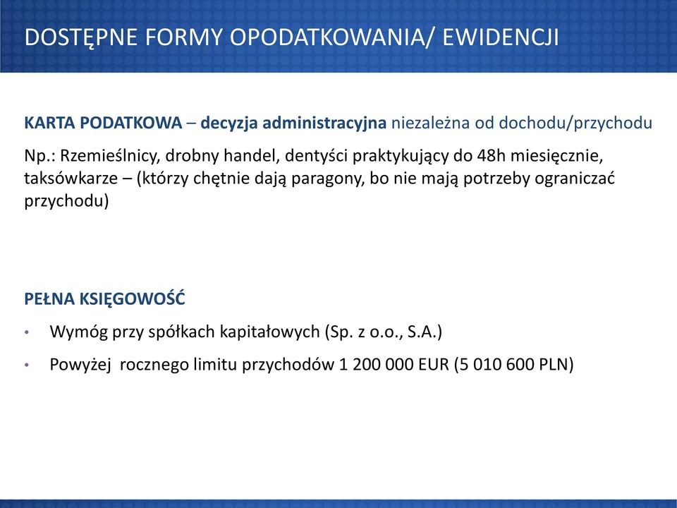 : Rzemieślnicy, drobny handel, dentyści praktykujący do 48h miesięcznie, taksówkarze (którzy chętnie