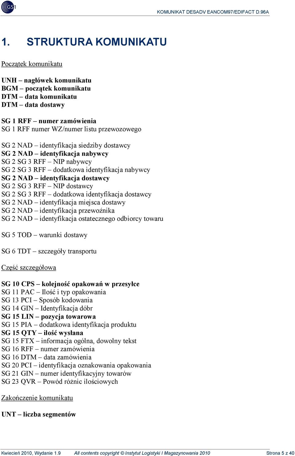 dostawcy SG 2 SG 3 RFF dodatkowa identyfikacja dostawcy SG 2 NAD identyfikacja miejsca dostawy SG 2 NAD identyfikacja przewoźnika SG 2 NAD identyfikacja ostatecznego odbiorcy towaru SG 5 TOD warunki