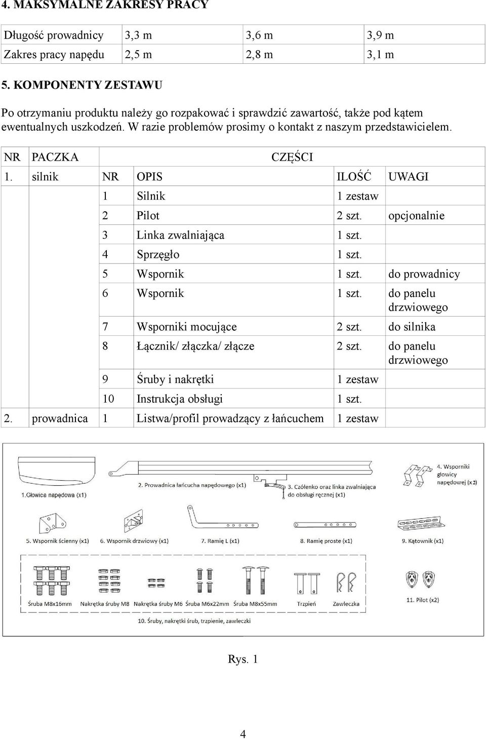 W razie problemów prosimy o kontakt z naszym przedstawicielem. NR PACZKA CZĘŚCI 1. silnik NR OPIS ILOŚĆ UWAGI 1 Silnik 1 zestaw 2 Pilot 2 szt. opcjonalnie 3 Linka zwalniająca 1 szt.