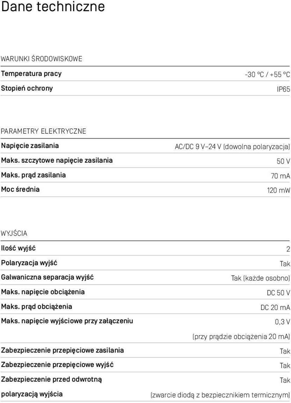 prąd zasilania Moc średnia AC/DC 9 V 24 V (dowolna polaryzacja) 50 V 70 ma 120 mw WYJŚCIA Ilość wyjść Polaryzacja wyjść Galwaniczna separacja wyjść Maks.