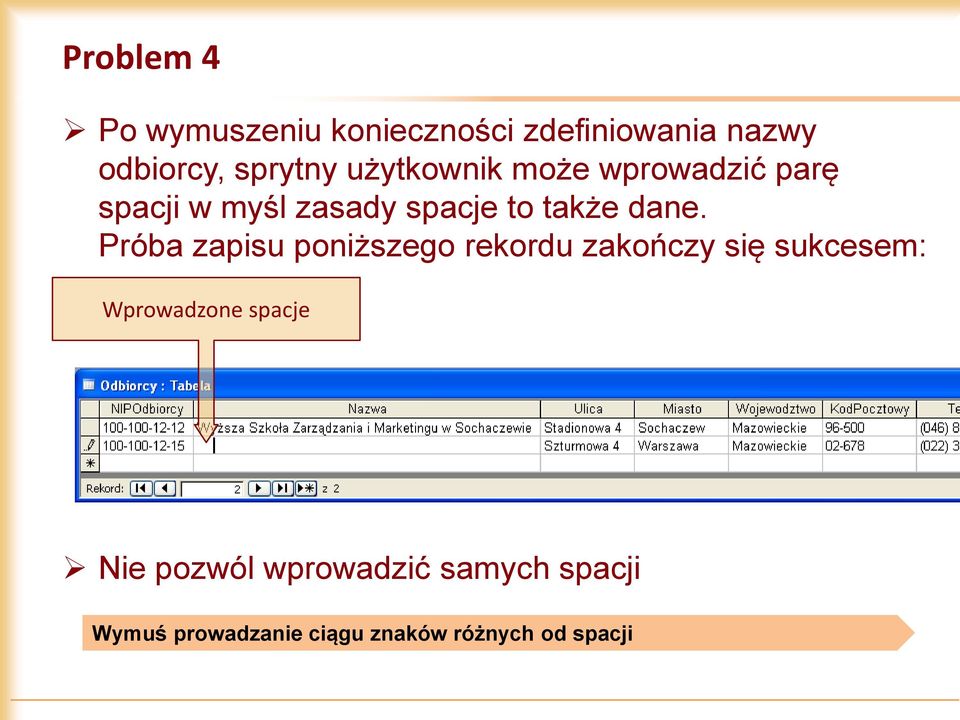 Próba zapisu poniższego rekordu zakończy się sukcesem: Wprowadzone spacje