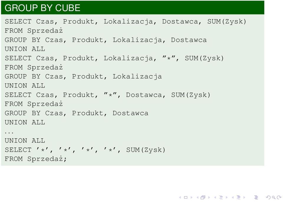 Sprzedaż GROUP BY Czas, Produkt, Lokalizacja UNION ALL SELECT Czas, Produkt, *, Dostawca, SUM(Zysk)