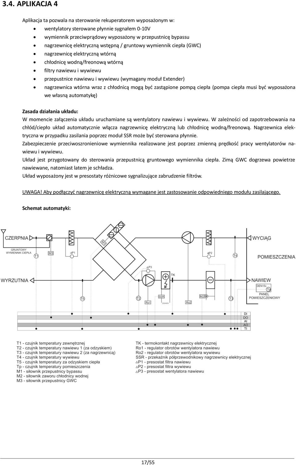 nagrzewnica wtórna wraz z chłodnicą mogą być zastąpione pompą ciepła (pompa ciepła musi być wyposażona we własną automatykę) Zasada działania układu: W momencie załączenia układu uruchamiane są