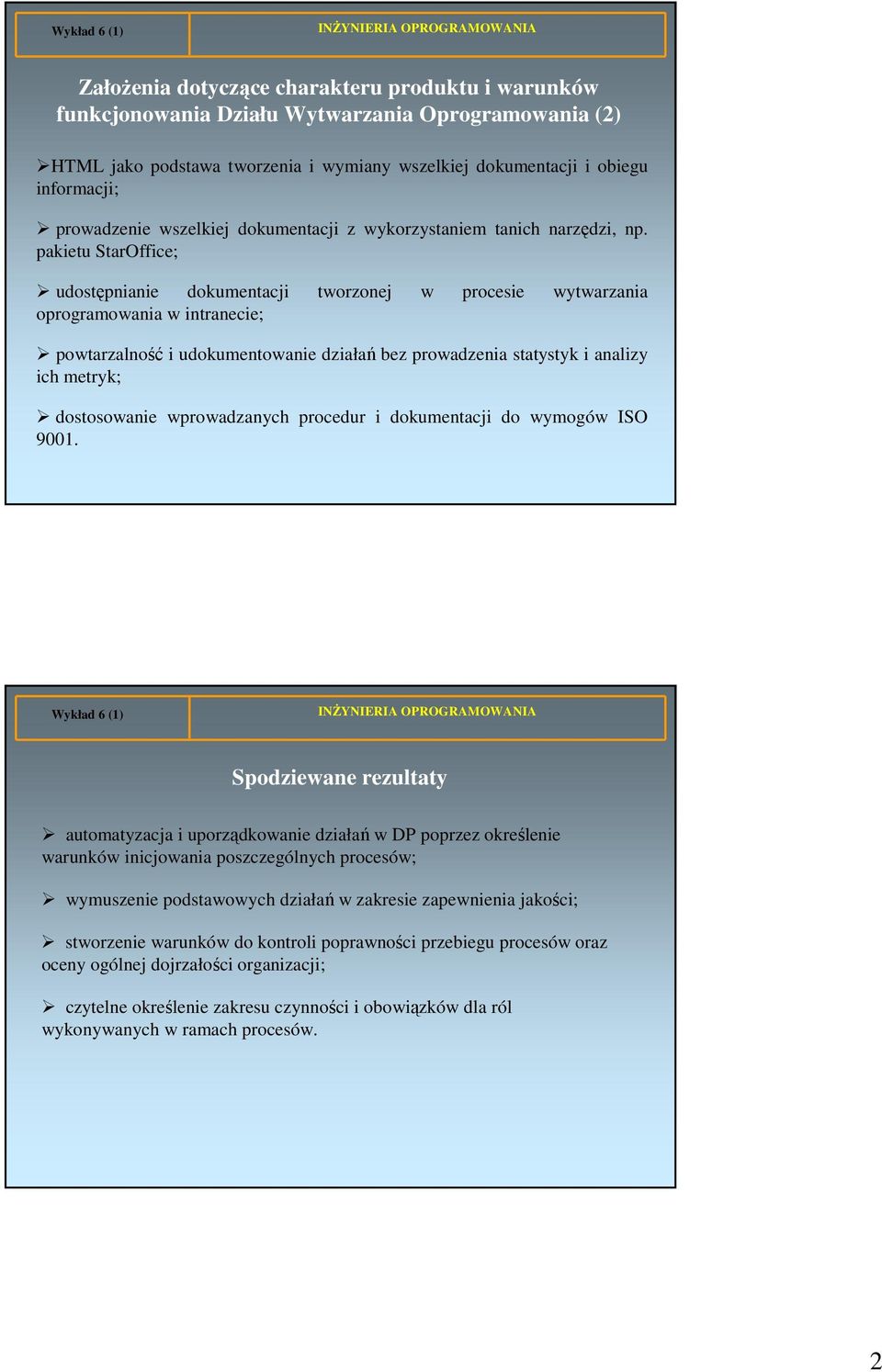 pakietu StarOffice; udostępnianie dokumentacji tworzonej w procesie wytwarzania oprogramowania w intranecie; powtarzalność i udokumentowanie działań bez prowadzenia statystyk i analizy ich metryk;