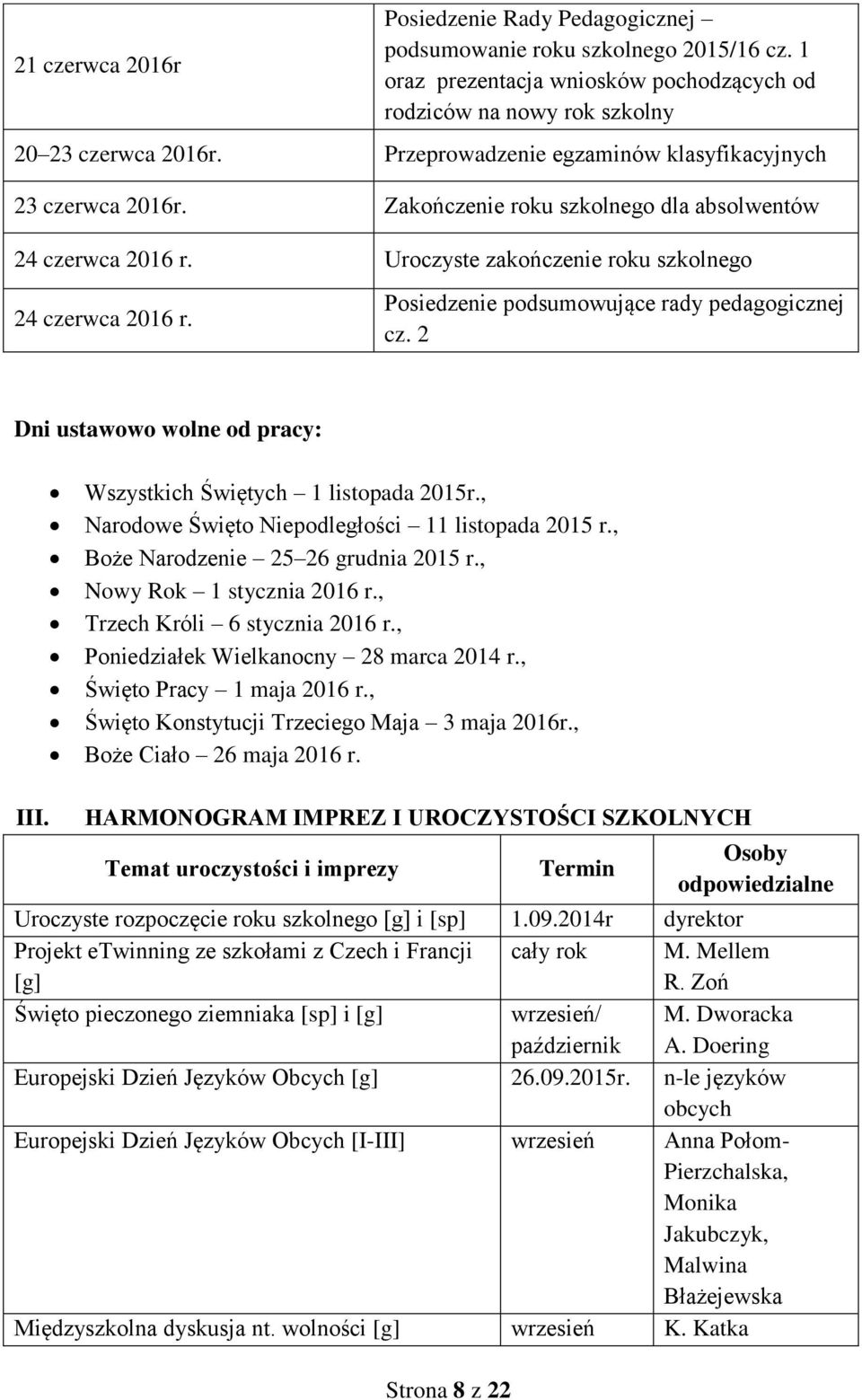 Posiedzenie podsumowujące rdy pedgogicznej cz. 2 Dni ustwowo wolne od prcy: III. Wszystkich Świętych 1 listopd 2015r., Nrodowe Święto Niepodległości 11 listopd 2015 r.