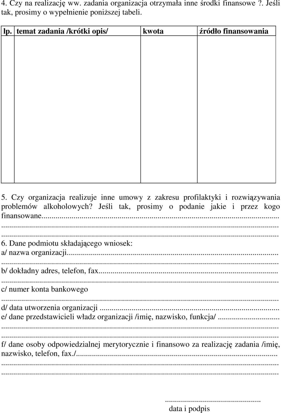 Jeśli tak, prosimy o podanie jakie i przez kogo finansowane... 6. Dane podmiotu składającego wniosek: a/ nazwa organizacji... b/ dokładny adres, telefon, fax.
