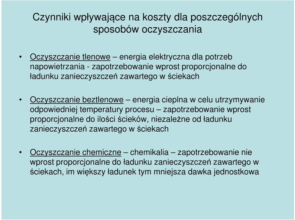 odpowiedniej temperatury procesu zapotrzebowanie wprost proporcjonalne do ilości ścieków, niezależne od ładunku zanieczyszczeń zawartego w ściekach