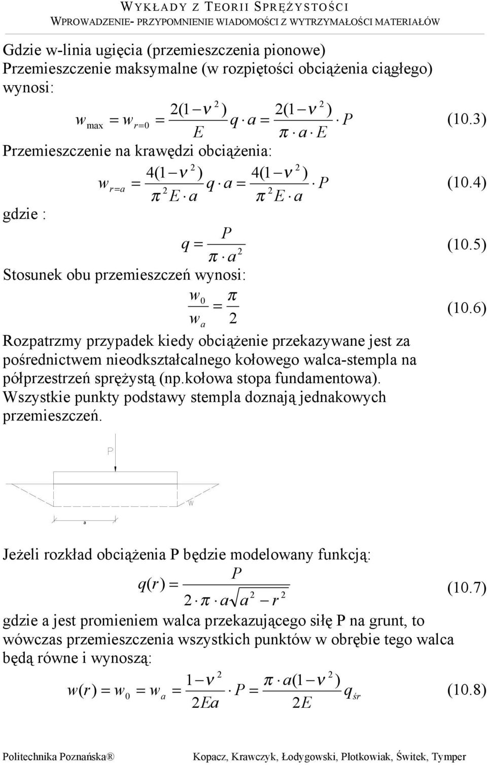 6 w a opatm ppadek kied obciążenie pekawane jest a pośednictwem nieodkstałcalnego kołowego walca-stempla na półpesteń spężstą (np.kołowa stopa fundamentowa.