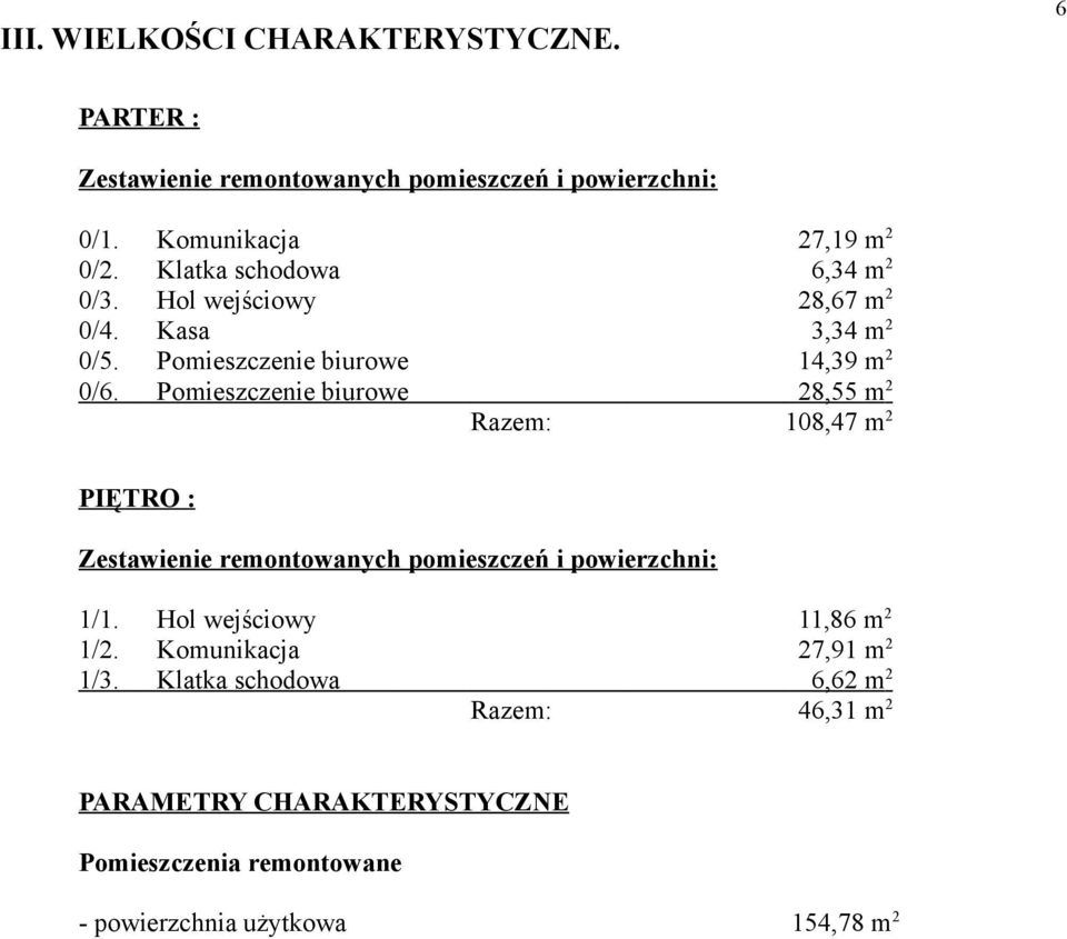 Pomieszczenie biurowe 28,55 m 2 Razem: 108,47 m 2 PIĘTRO : Zestawienie remontowanych pomieszczeń i powierzchni: 1/1.