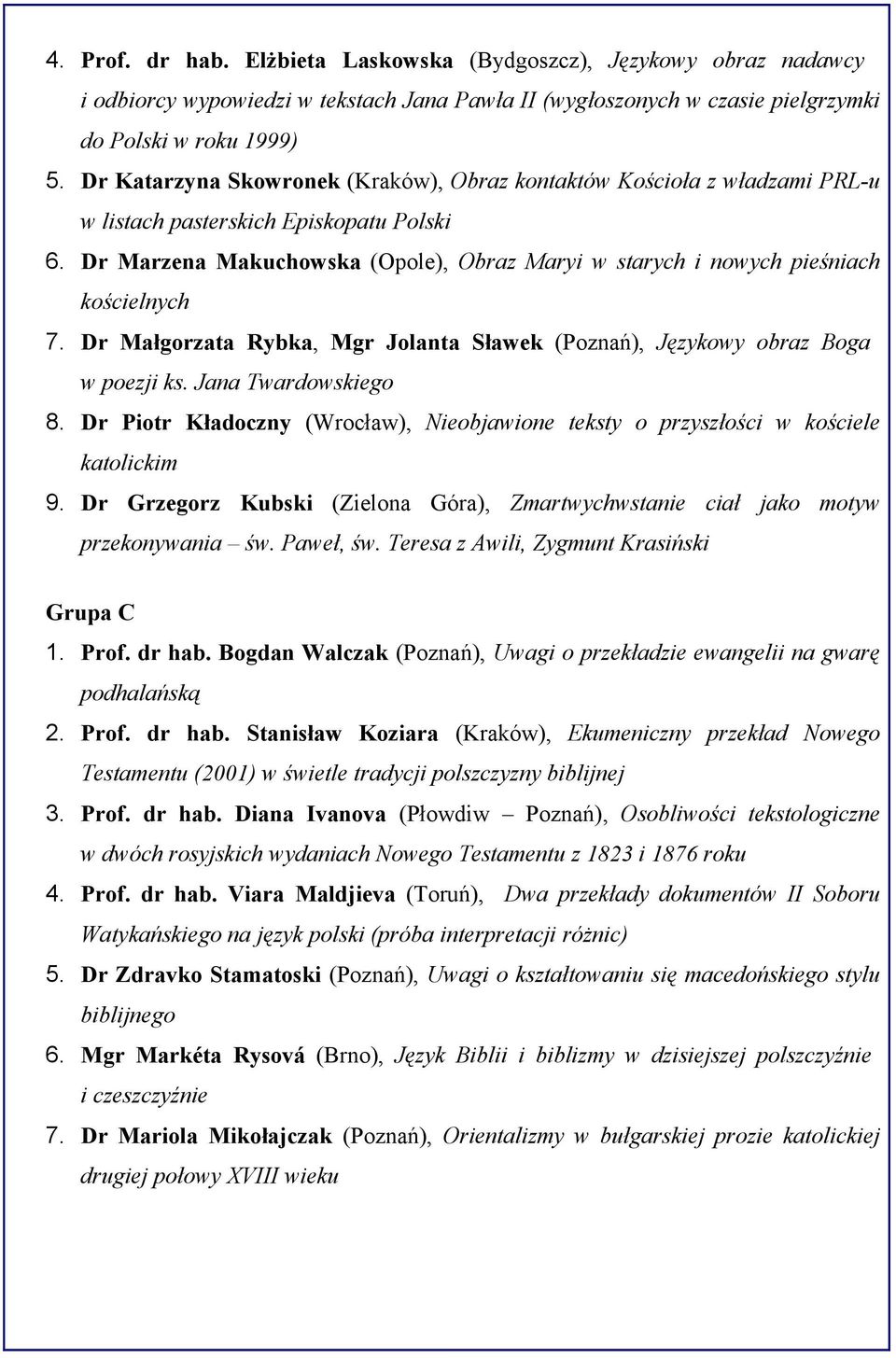 Dr Marzena Makuchowska (Opole), Obraz Maryi w starych i nowych pieśniach kościelnych 7. Dr Małgorzata Rybka, Mgr Jolanta Sławek (Poznań), Językowy obraz Boga w poezji ks. Jana Twardowskiego 8.