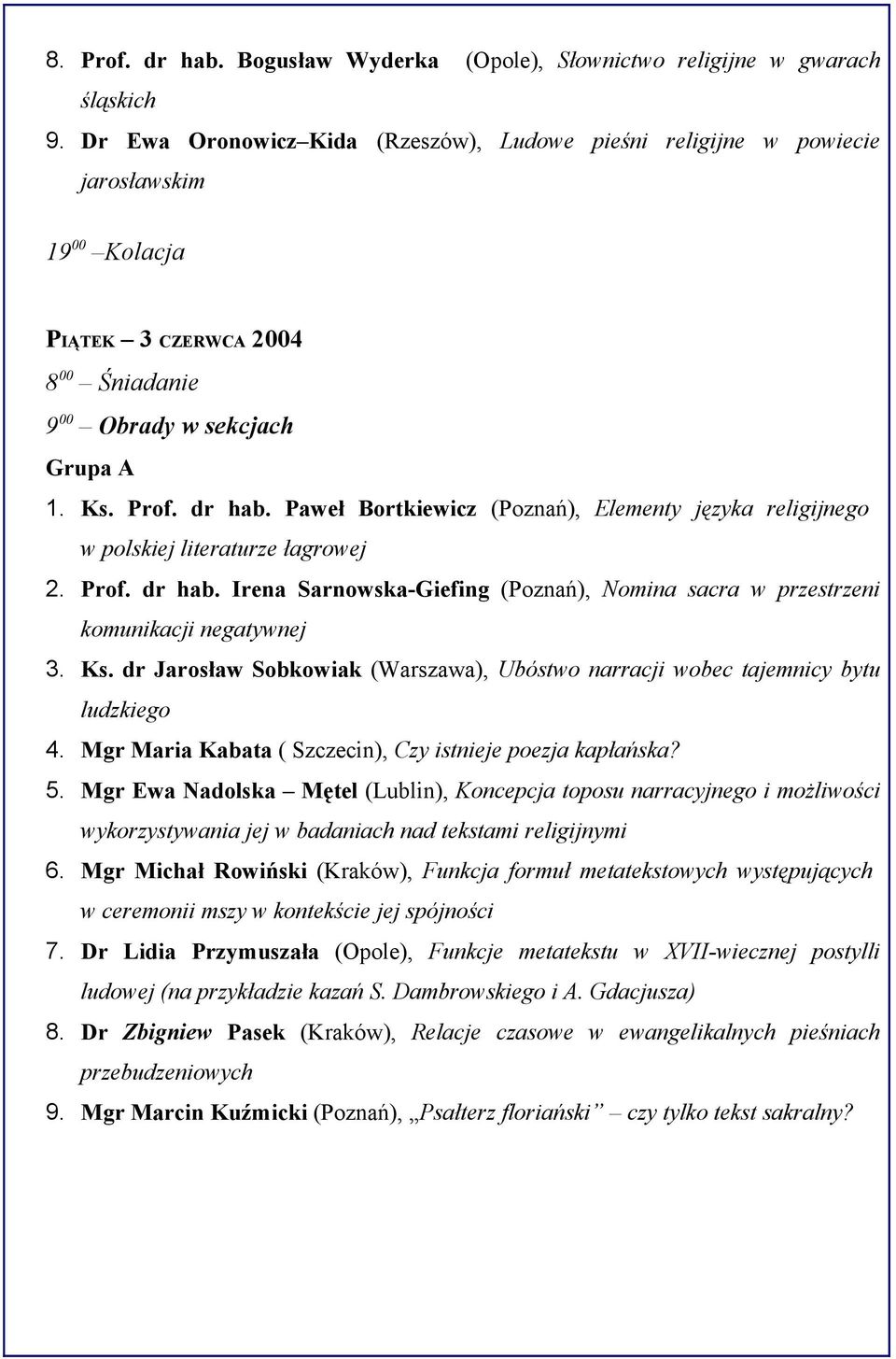 Paweł Bortkiewicz (Poznań), Elementy języka religijnego w polskiej literaturze łagrowej 2. Prof. dr hab. Irena Sarnowska-Giefing (Poznań), Nomina sacra w przestrzeni komunikacji negatywnej 3. Ks.