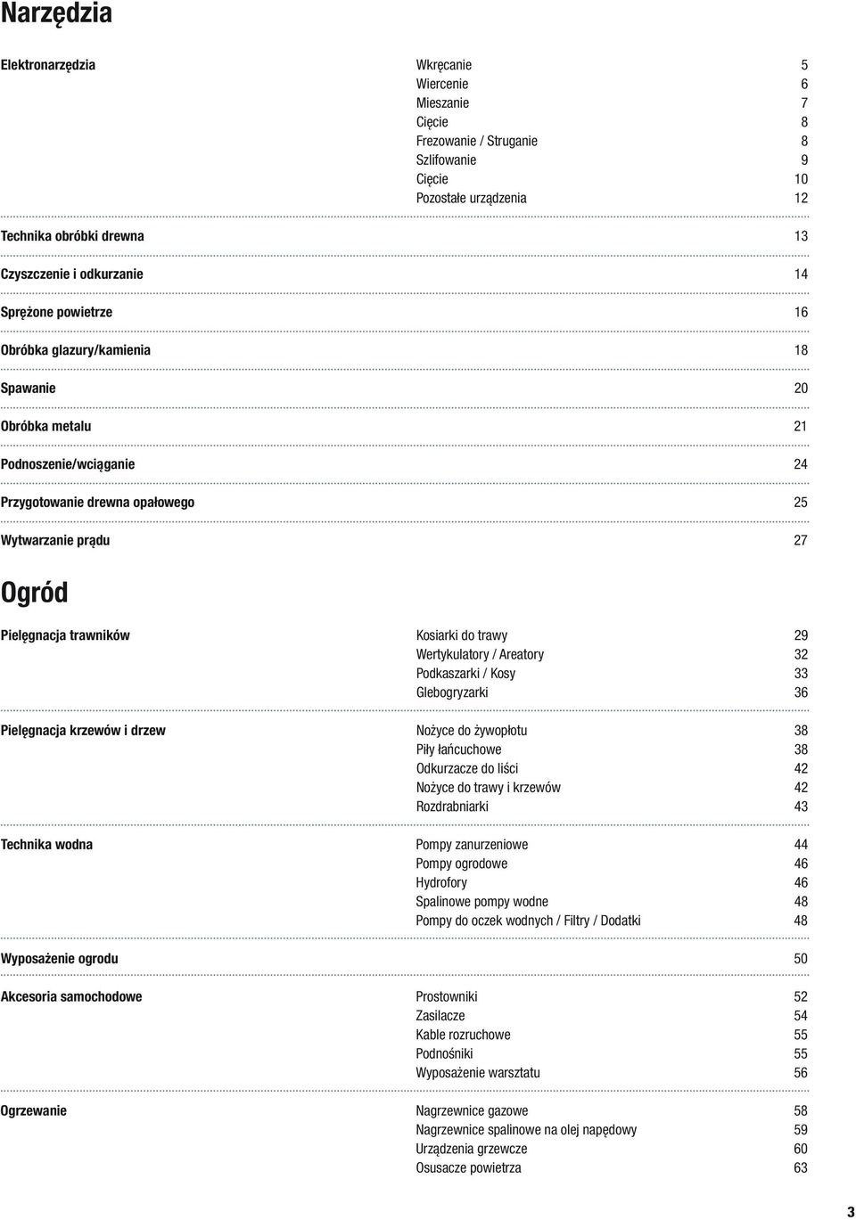 trawy 29 Wertykulatory / Areatory 32 Podkaszarki / Kosy 33 Glebogryzarki 36 Pielęgnacja krzewów i drzew Nożyce do żywopłotu 38 Piły łańcuchowe 38 Odkurzacze do liści 42 Nożyce do trawy i krzewów 42