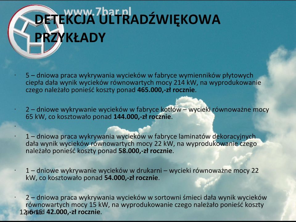 2 dniowe wykrywanie wycieków w fabryce kotłów wycieki równoważne mocy 65 kw, co kosztowało ponad 144.000,-zł rocznie.