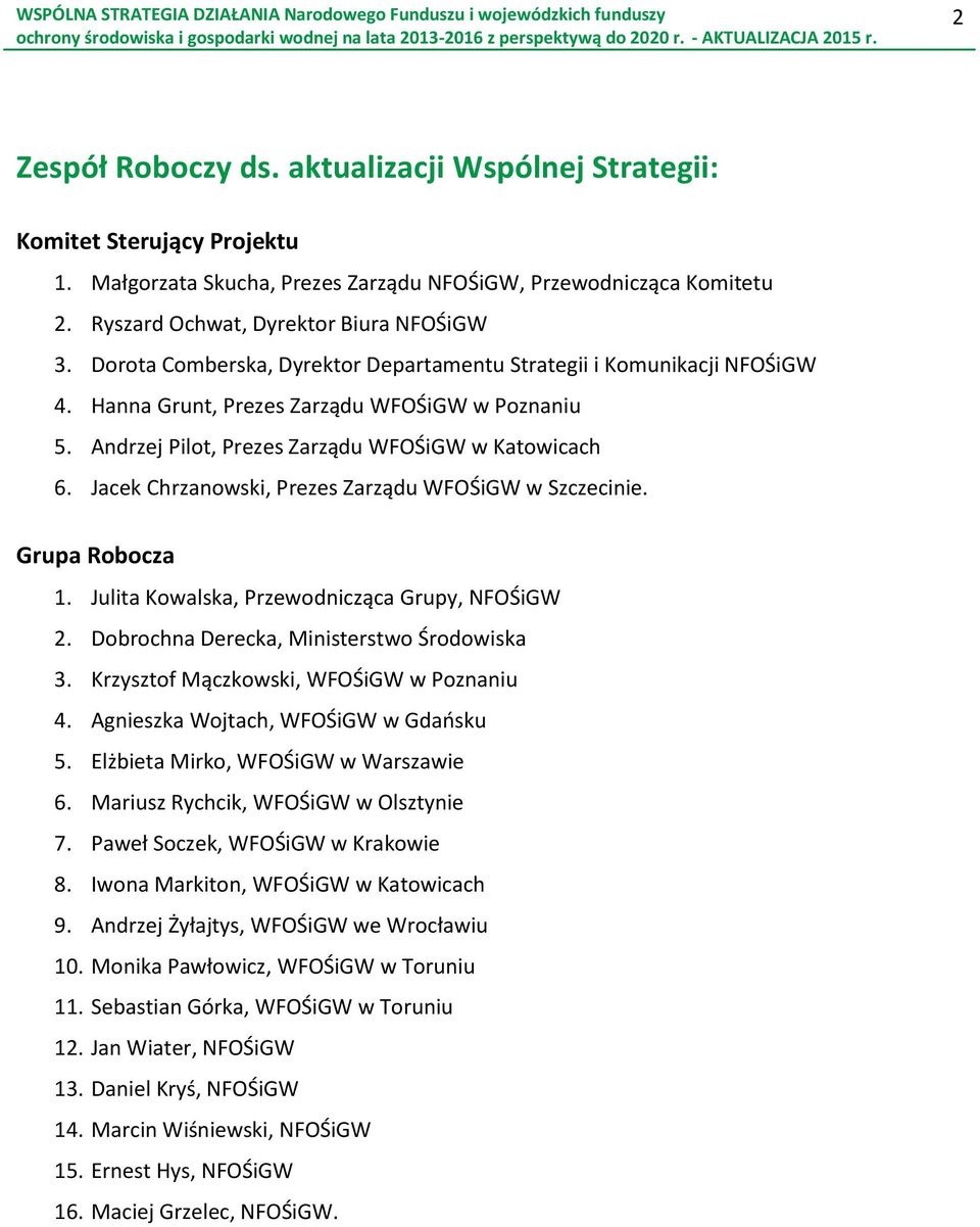 Jacek Chrzanowski, Prezes Zarządu WFOŚiGW w Szczecinie. Grupa Robocza 1. Julita Kowalska, Przewodnicząca Grupy, NFOŚiGW 2. Dobrochna Derecka, Ministerstwo Środowiska 3.